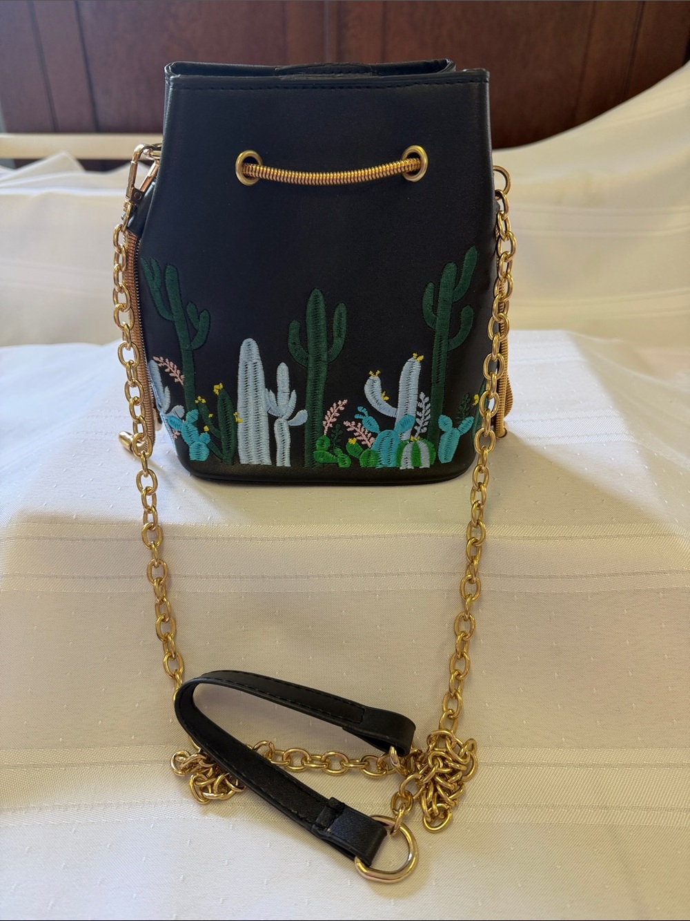 Embroidered Cactus Black Bucket Bag with Gold Chain